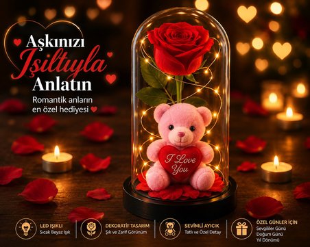 LED Işıklı Fanusta Yapay Gül ve Lüks Peluş Ayıcık Dekoratif Romantik Sevgililer Günü Hediyesi 20 cm