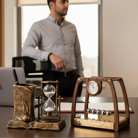 Kişiye Özel Masa üstü Newton Denge Topu ve Dekoratif Kalemlik Ve Kum Saati 