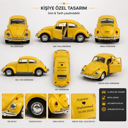 İsime Kişiye Özel Sarı Çek Bırak Vosvos Araba Maketi İsim ve Tarih Yazılı Dekoratif Sevgiliye Hediye