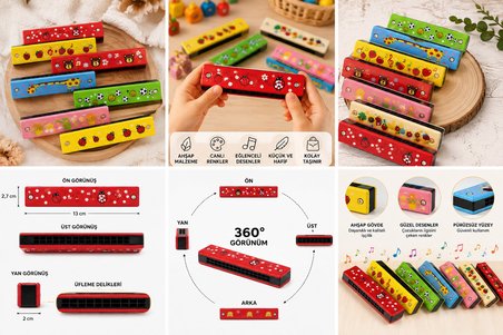 2 Adet Çocuklar İçin Ahşap Mızıka Çocuk Oyuncağı Renkli Desenli Müzik Aleti Eğitici Eğlenceli Hediye