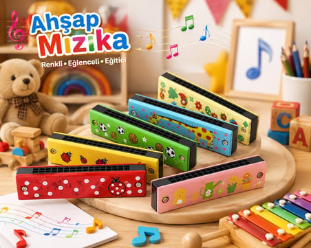 2 Adet Çocuklar İçin Ahşap Mızıka Çocuk Oyuncağı Renkli Desenli Müzik Aleti Eğitici Eğlenceli Hediye