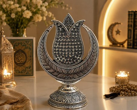 Ofisinize ve Evinize Anlam Katan Dekoratif Osmanlı Motifli Allah Yazılı Hilal Lale Figür Biblo 27 CM