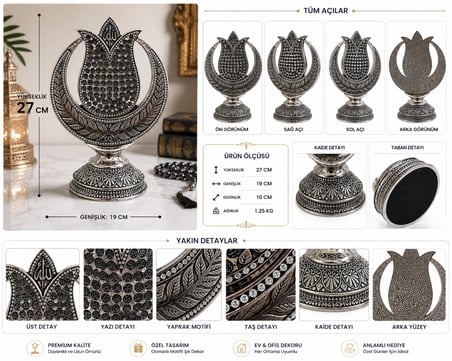 Ofisinize ve Evinize Anlam Katan Dekoratif Osmanlı Motifli Allah Yazılı Hilal Lale Figür Biblo 27 CM