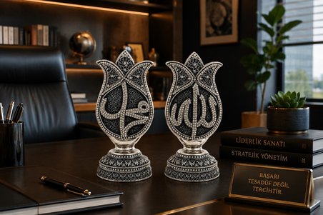 Dekoratif 2'li Biblo Seti Gümüş Siyah Lale Allah Muhammed Tasarımlı Şık Ev Ofis Dekorasyonu 19 CM