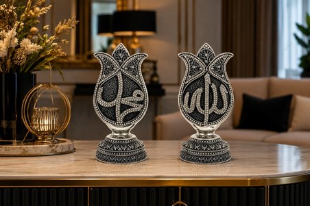 Dekoratif 2'li Biblo Seti Gümüş Siyah Lale Allah Muhammed Tasarımlı Şık Ev Ofis Dekorasyonu 19 CM