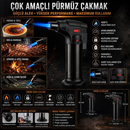 2 ADET Jet Alevli Mangal Kamp Şömine Çakmağı Pürmüz Çakmak 1300°C Turbo Ayarlanabilir Alev Pürmüz
