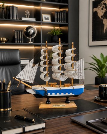 Kişiye Özel Ahşap Dekoratif  Yelkenli Gemi Maketi 24 x 24 CM – Premium Ofis Masası Dekoru 529C