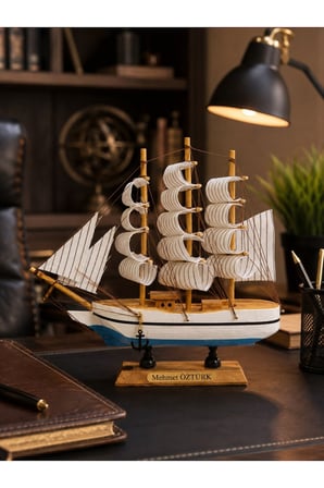 İsime Kişiye Özel Dekoratif Premium Ahşap El Yapımı Yelkenli Gemi Maketi 24 x 24CM Biblo Hediye 529A