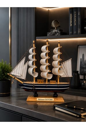 İsime Kişiye Özel Dekoratif Premium Ahşap El Yapımı Yelkenli Gemi Maketi 30 x 30CM Biblo Hediye 530B