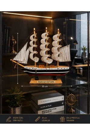 İsime Kişiye Özel Dekoratif Premium Ahşap El Yapımı Yelkenli Gemi Maketi 30 x 30CM Biblo Hediye 530A