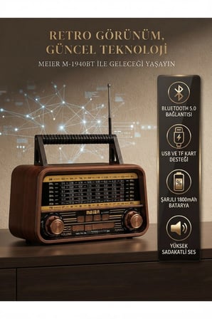 Ahşap Görünümlü Nostaljik Radyo Bluetooth Hoparlör Retro Tasarım Şarjlı Müzik Çalar USB MP3 Çalar