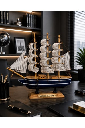 İsime Kişiye Özel Dekoratif Premium Ahşap El Yapımı Yelkenli Gemi Maketi 24 x 24CM Biblo Hediye 529D