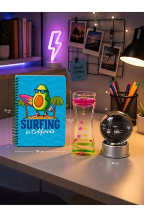 Avokado Desenli Spiralli Defter Aydınlatmalı 3D Güneş Sistemi Küre Renkli Sıvı Kum Saati Hediye Seti