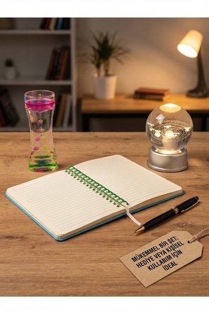 Avokado Desenli Spiralli Defter Aydınlatmalı 3D Güneş Sistemi Küre Renkli Sıvı Kum Saati Hediye Seti