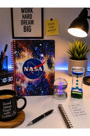 Nasa Desenli Spiralli Defter Aydınlatmalı Astronot Kristal Küre Renkli Sıvı Kum Saati Hediye Seti