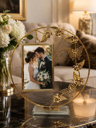 Lüx Gold Kelebek ve Çiçek Figürlü Pleksi Tabanlı Metal Fotoğraf Çerçevesi 27 cm Hediyelik Dekoratif 