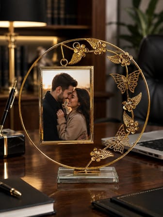 Lüx Gold Kelebek ve Çiçek Figürlü Pleksi Tabanlı Metal Fotoğraf Çerçevesi 27 cm Hediyelik Dekoratif 