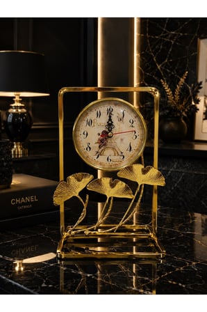 Gold Metal Çerçeveli Paris Manzaralı Ginkgo Yapraklı Dekoratif Masa Üstü Saat ve Biblo 24x16 cm