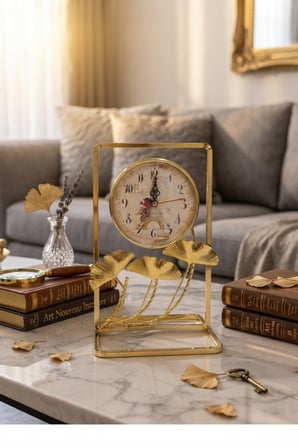 Gold Metal Çerçeveli Paris Manzaralı Ginkgo Yapraklı Dekoratif Masa Üstü Saat ve Biblo 24x16 cm