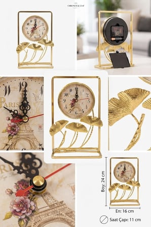 Gold Metal Çerçeveli Paris Manzaralı Ginkgo Yapraklı Dekoratif Masa Üstü Saat ve Biblo 24x16 cm
