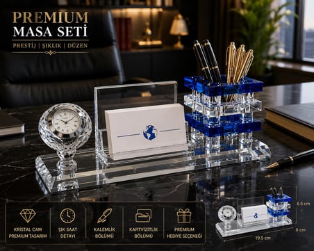 Premium Hediye Ofis Kristal Cam Saatli Kalemlik Kartvizitlik Yönetici Masaüstü Organizer Seti MAVİ
