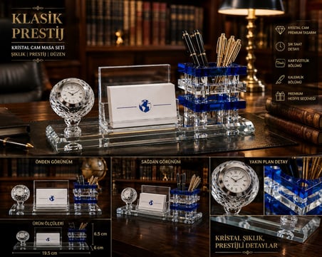 Premium Hediye Ofis Kristal Cam Saatli Kalemlik Kartvizitlik Yönetici Masaüstü Organizer Seti MAVİ