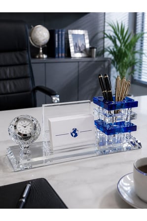 Premium Hediye Ofis Kristal Cam Saatli Kalemlik Kartvizitlik Yönetici Masaüstü Organizer Seti MAVİ