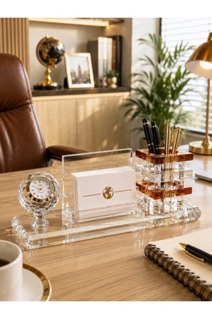 Premium Hediye Ofis Kristal Cam Saatli Kalemlik Kartvizitlik Yönetici Masaüstü Organizer Seti Kahve