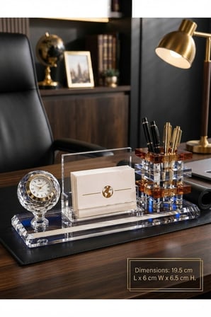 Premium Hediye Ofis Kristal Cam Saatli Kalemlik Kartvizitlik Yönetici Masaüstü Organizer Seti Kahve