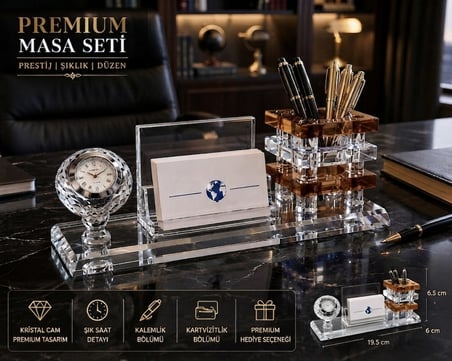 Premium Hediye Ofis Kristal Cam Saatli Kalemlik Kartvizitlik Yönetici Masaüstü Organizer Seti Kahve