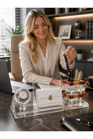 Premium Hediye Ofis Kristal Cam Saatli Kalemlik Kartvizitlik Yönetici Masaüstü Organizer Seti Kahve