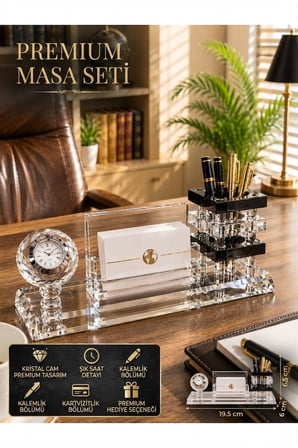 Premium Hediye Ofis Kristal Cam Saatli Kalemlik Kartvizitlik Yönetici Masaüstü Organizer Seti Siyah