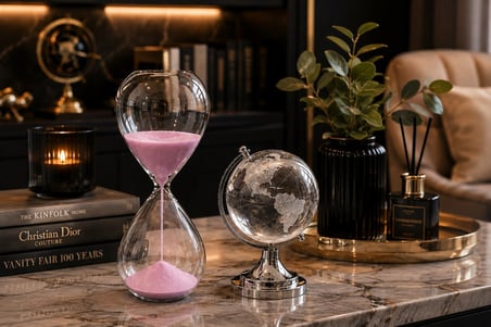 Premium Hediye Masaüstü Ofis Dekoru Cam Kum Saati ve Cam Dünya Küre Seti Kum Saati 15 Dakika Pembe