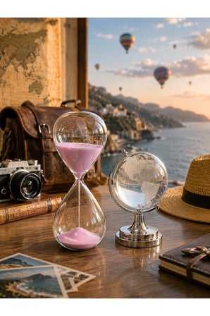 Premium Hediye Masaüstü Ofis Dekoru Cam Kum Saati ve Cam Dünya Küre Seti Kum Saati 15 Dakika Pembe