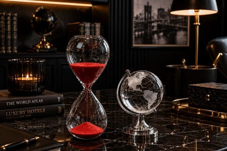 Premium Hediye Masaüstü Ofis Dekoru Cam Kum Saati ve Cam Dünya Küre Seti Kum Saati 15 Dakika Kırmızı