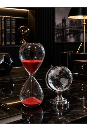 Premium Hediye Masaüstü Ofis Dekoru Cam Kum Saati ve Cam Dünya Küre Seti Kum Saati 15 Dakika Kırmızı