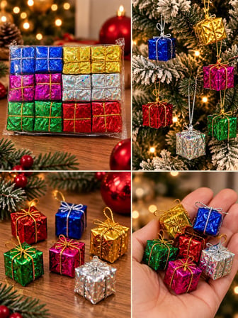 12'li  Adet 3 cm Yılbaşı Ağacı Süsü Mini Hediye Paketi Süsleri Renkli Noel Ağacı Dekoru