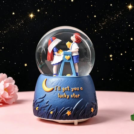 🌙 Romantik Çift Orta Boy Tasarımlı Işıklı Kar Küresi – “I’ll Get You a Lucky Star” Dekoratif Masa v