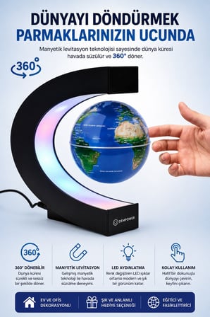 LED Işıklı Manyetik Havada Dönen Dünya Küresi Dekoratif Masa Lambası Globe Biblo 17 cm