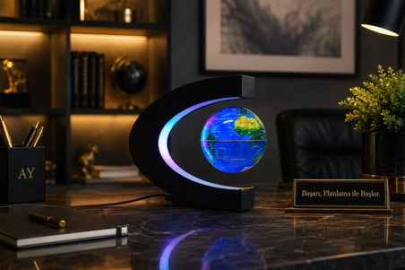LED Işıklı Manyetik Havada Dönen Dünya Küresi Dekoratif Masa Lambası Globe Biblo 17 cm