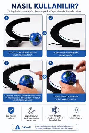 LED Işıklı Manyetik Havada Dönen Dünya Küresi Dekoratif Masa Lambası Globe Biblo 17 cm