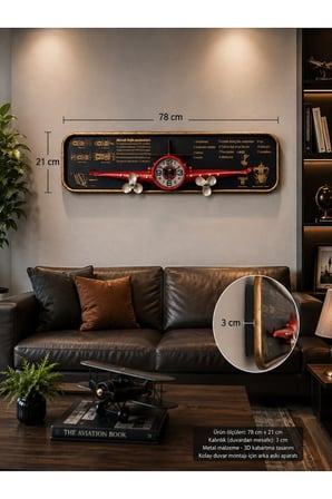 Uçak Tasarımlı Duvar Tablosu 3D Kabartmalı Metal Uçak Duvar Saati Tablo Ev Ofis Dekoru 78x21CM KRMZI