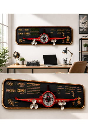 Uçak Tasarımlı Duvar Tablosu 3D Kabartmalı Metal Uçak Duvar Saati Tablo Ev Ofis Dekoru 78x21CM KRMZI