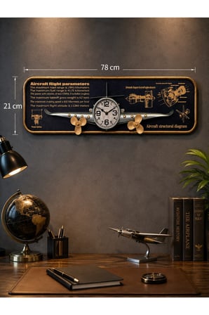 Uçak Tasarımlı Duvar Tablosu 3D Kabartmalı Metal Uçak Duvar Saati Tablo Ev Ofis Dekoru 78x21CM GRİ