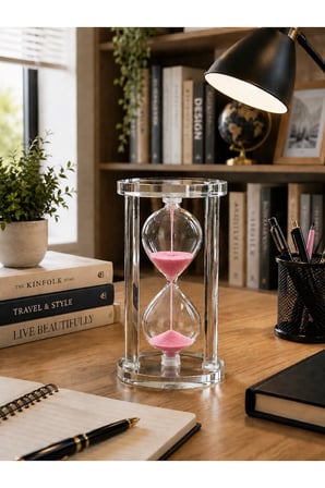 Özel Tasarım Standlı Ev Ofis Lüks Masa Üstü Dekorasyonu Şeffaf Cam Pembe Kum Saati 10 Dakikalık 14CM