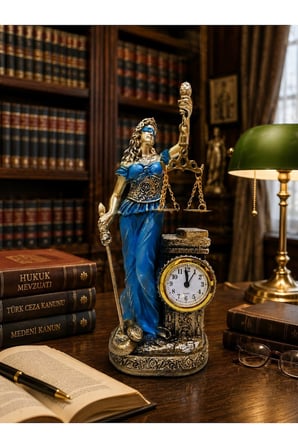 Hukuk Bürosu MasaÜstü Lüks Polyester Themis Terazili Adalet Tanrıçası Heykeli Saatli Biblo Mavi 25CM