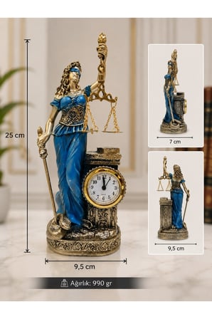 Hukuk Bürosu MasaÜstü Lüks Polyester Themis Terazili Adalet Tanrıçası Heykeli Saatli Biblo Mavi 25CM
