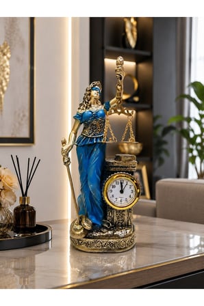 Hukuk Bürosu MasaÜstü Lüks Polyester Themis Terazili Adalet Tanrıçası Heykeli Saatli Biblo Mavi 25CM