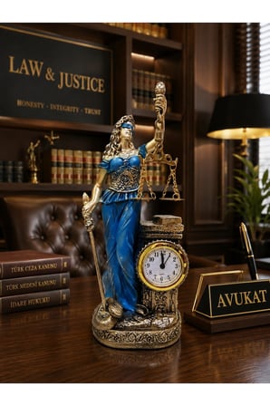 Hukuk Bürosu MasaÜstü Lüks Polyester Themis Terazili Adalet Tanrıçası Heykeli Saatli Biblo Mavi 25CM