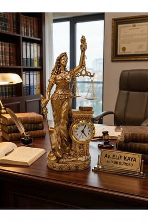 Hukuk Bürosu MasaÜstü Lüks Polyester Themis Terazili Adalet Tanrıçası Heykeli Saatli Biblo Gold 25CM